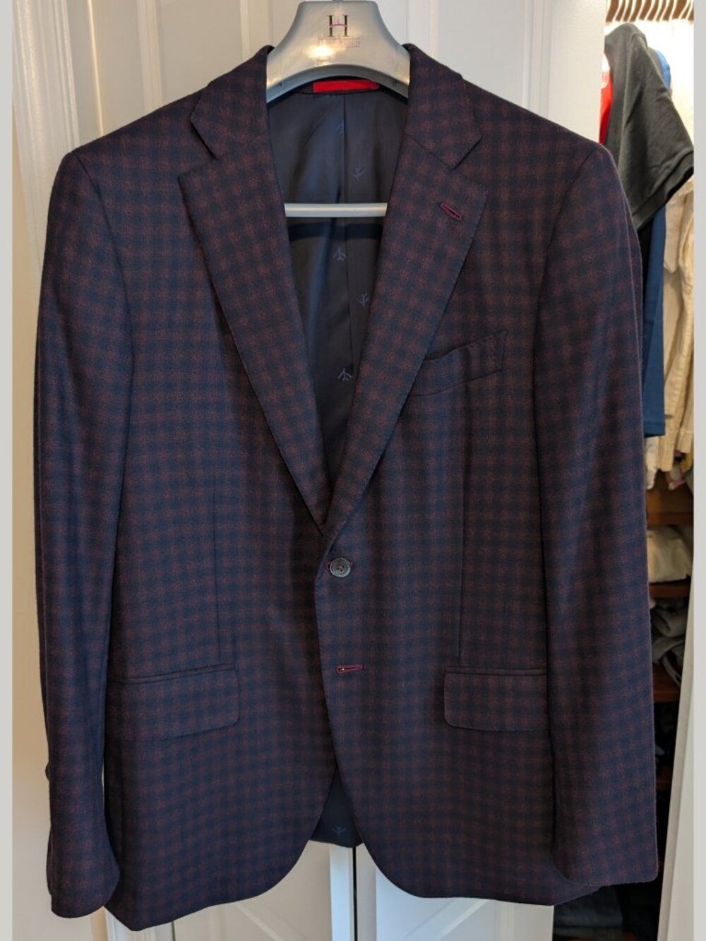 NWOT Current Isaia Napoli Burgundy Check Flannel Wool Sport Coat EU52R (US42R)